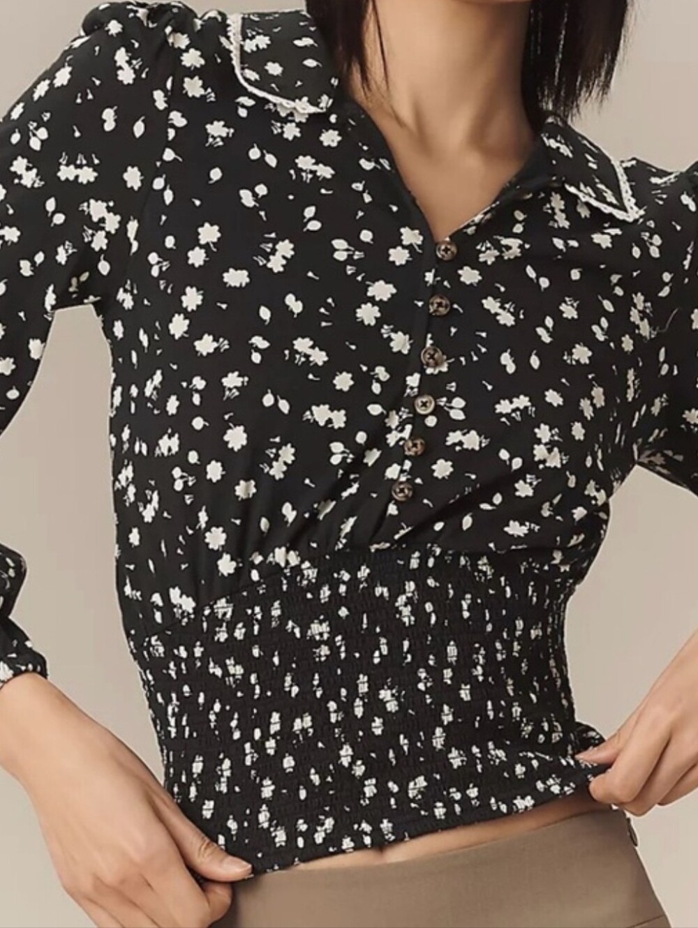 Maeve Anthropologie Smocked Floral Blouse Long-Sleeve Bohemian 100% Cotton